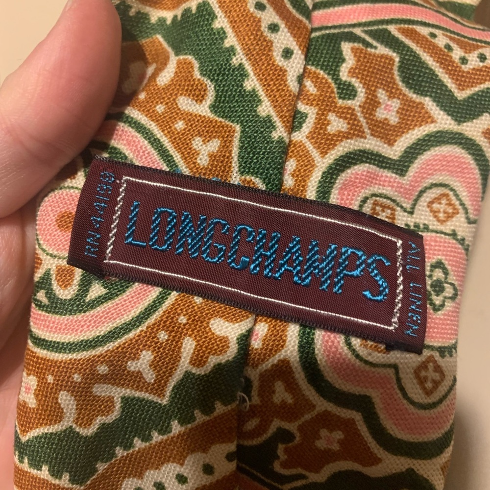 Vintage Longchamps all linen mandala shape design pink green tan tie - Picture 2 of 5